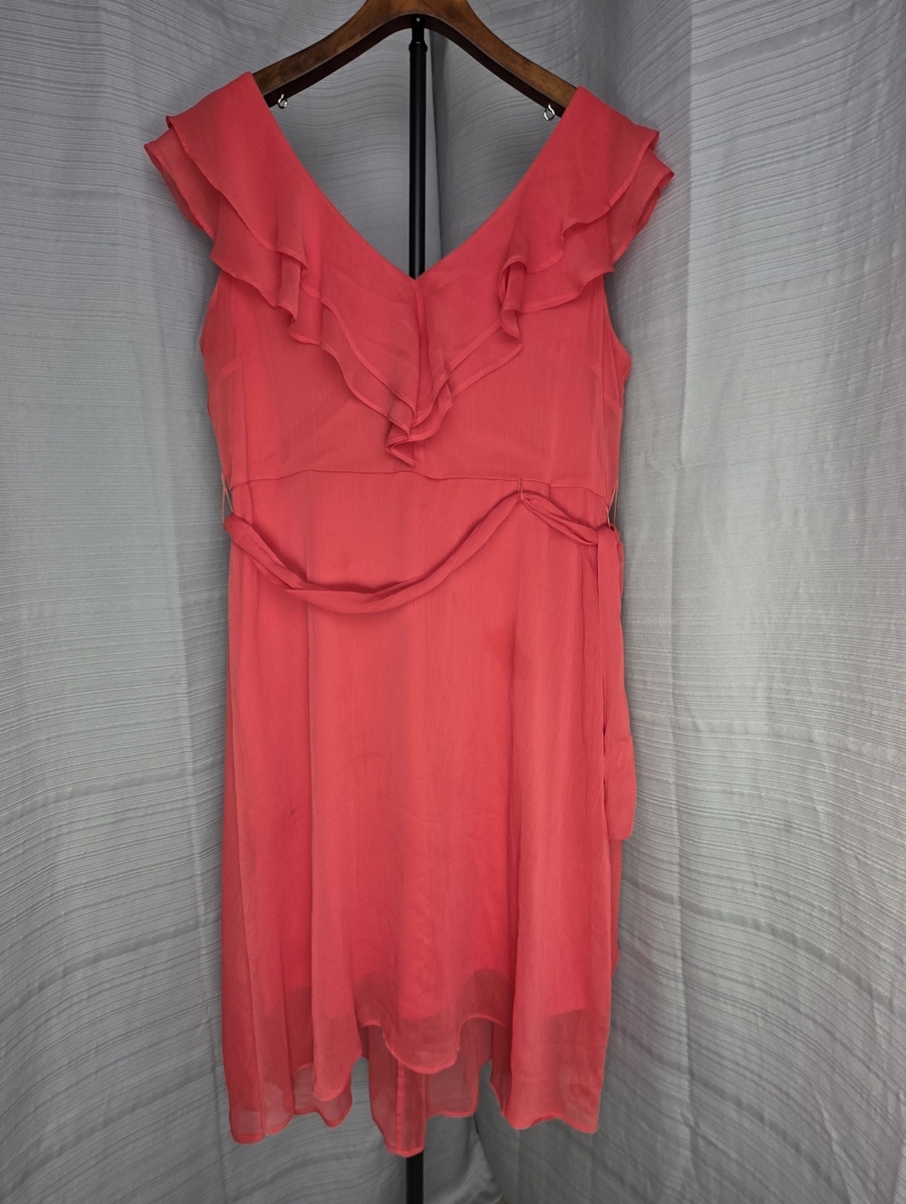 DKNY Ruffle Sheer Chiffon Dress 14 Coral Pink Fit & Flare A Line Party Soft Girl